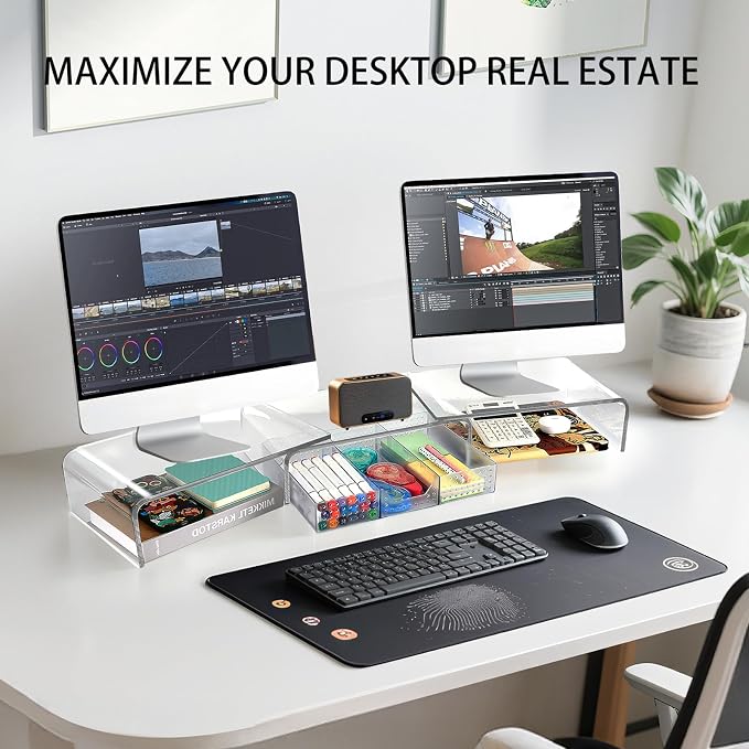 OPNICE Clear Acrylic Desk Organizers and Accessories, Dual Monitor Stand Riser - Image 2