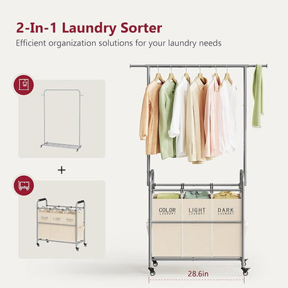 Tajsoon Laundry Hamper with Hanging Rack, 3 Section Laundry Sorter with Heavy - Image 3
