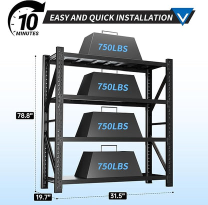 3000LBS Garage Shelving 32" W Garage Shelving Heavy Duty 4-Tier Metal Storage - Image 3