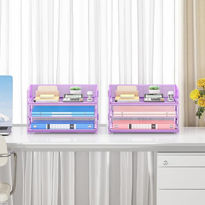 Subekyu 2-Pack 3-Tier Purple Metal Mesh Desk Paper Letter Tray & File Sorter - Image 6