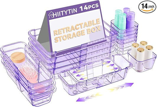14 Pcs Adjustable Clear Drawer Organizer, Extendable Vanity Storage Bins by Hiitytin