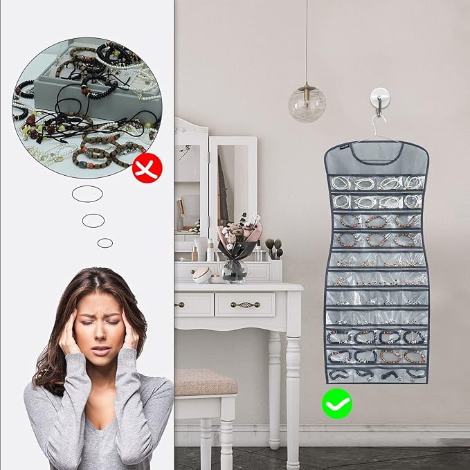 Hanging Jewelry Organizer Dual Sided 84 Clear Pockets and 6 Hook Loops Storage - Image 4