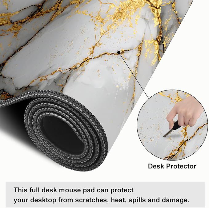 White Marble Mouse Pad – Large Extended Desk Mat 31.5 x 11.8 in– Elegant Gold - Image 4