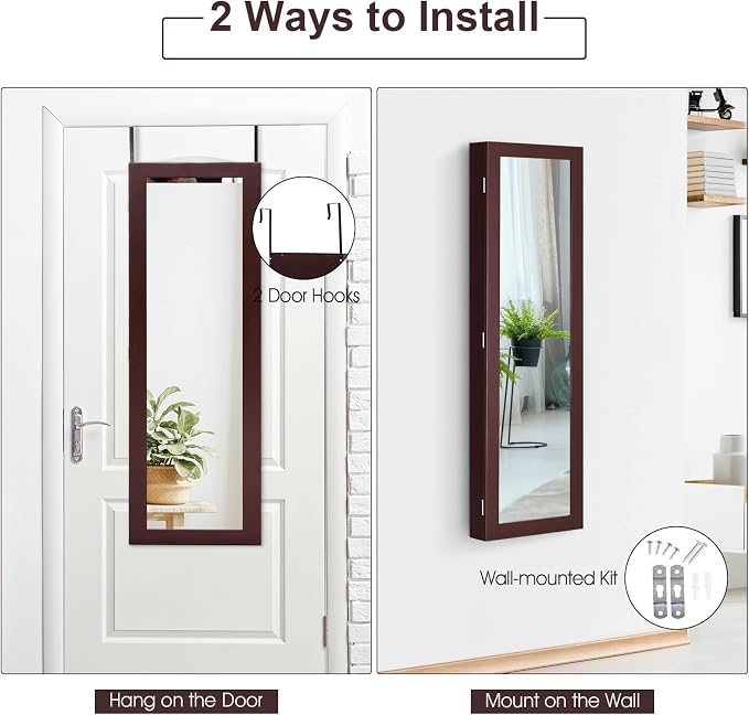 COSTWAY Full Length Mirror Jewelry Cabinet, Wall Door Mounted Jewelry Organizer - Image 5