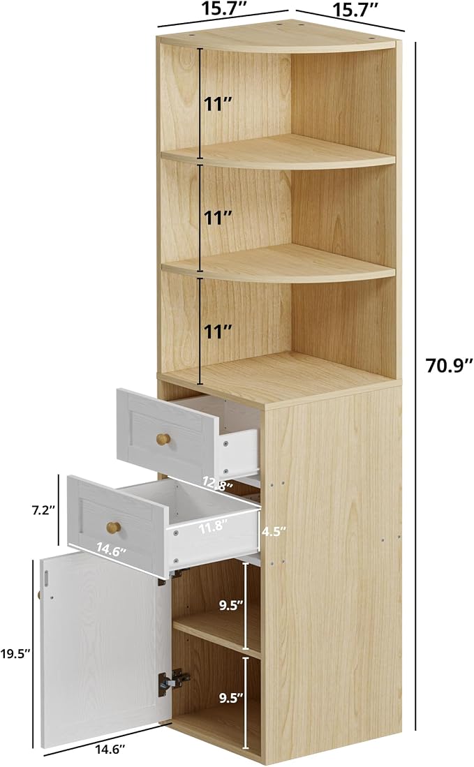IRONCK Corner Bookshelf and Bookcase, Oak and White - Image 2