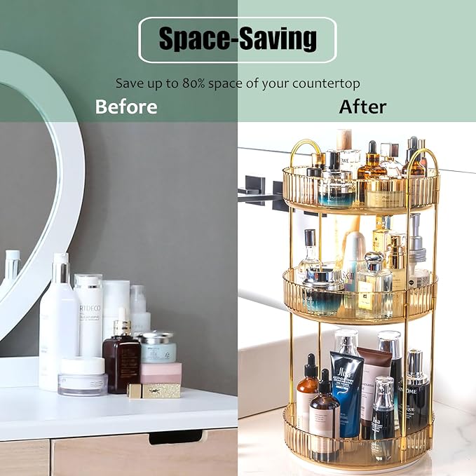 Rotating Makeup Organizer Countertop 3 Tier Lazy Susan Trays Clear Skincare - Image 4
