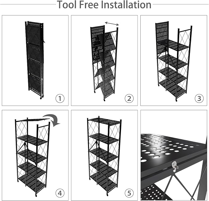 5 Tier Folding Shelf with Wheels, Metal Steel Collapsible Shelves, No Assembly - Image 7
