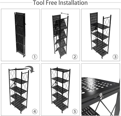 5 Tier Folding Shelf with Wheels, Metal Steel Collapsible Shelves, No Assembly - Image 7