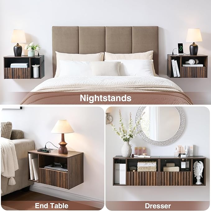 Floating Nightstand with Charging Station, Walnut Fluted Wall Mounted - Image 5