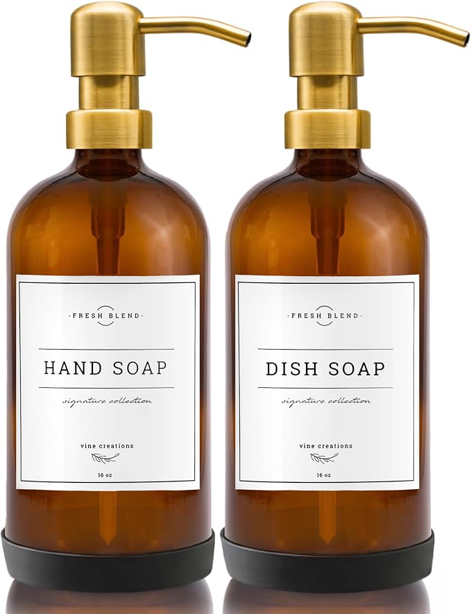 Vine Creations Amber Glass Soap Dispenser, 2 Pack Kitchen Soap Dispenser Set by VineCreations