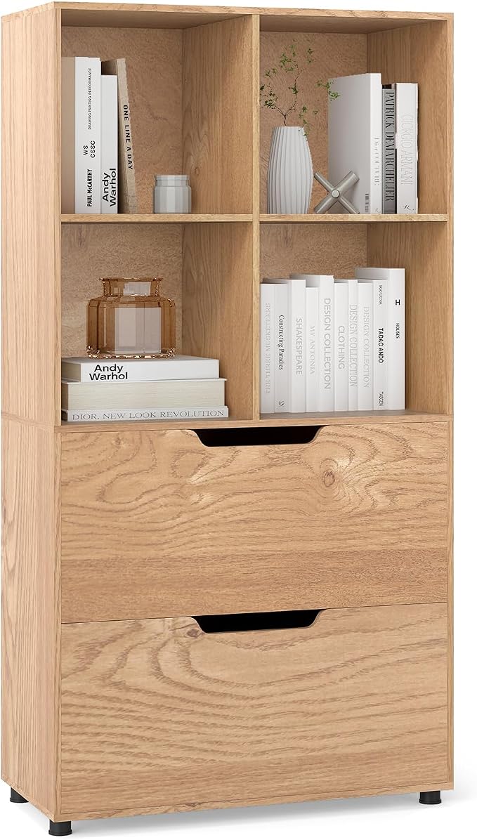 Giantex Bookshelf with 4 Cubes & 2 Drawers, 51” Tall Floor Bookcase with by Giantex
