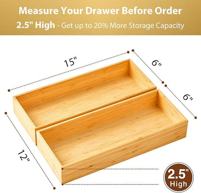Umilife Bamboo Kitchen Utensils Organizer, Extra High Silverware Drawer Tray - Image 2