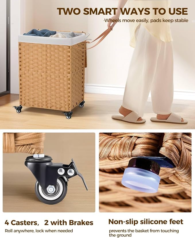 Greenstell Laundry Hamper with Wheels, No Install Needed, 110L Divided - Image 3