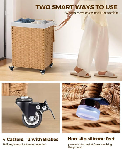 Greenstell Laundry Hamper with Wheels, No Install Needed, 110L Divided - Image 3