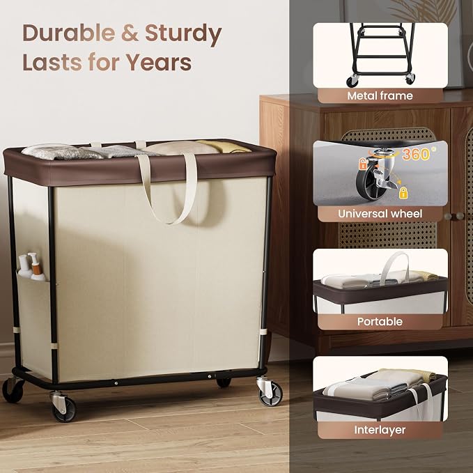 320L Laundry Basket with Wheels, 3-Section Rolling Hamper - Image 6