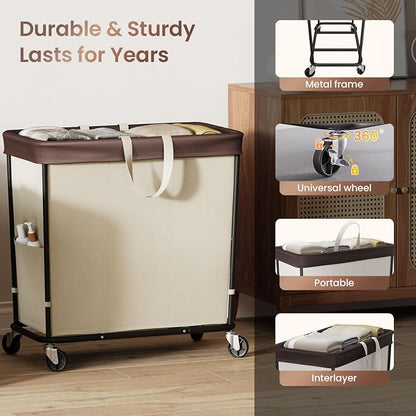 320L Laundry Basket with Wheels, 3-Section Rolling Hamper - Image 6