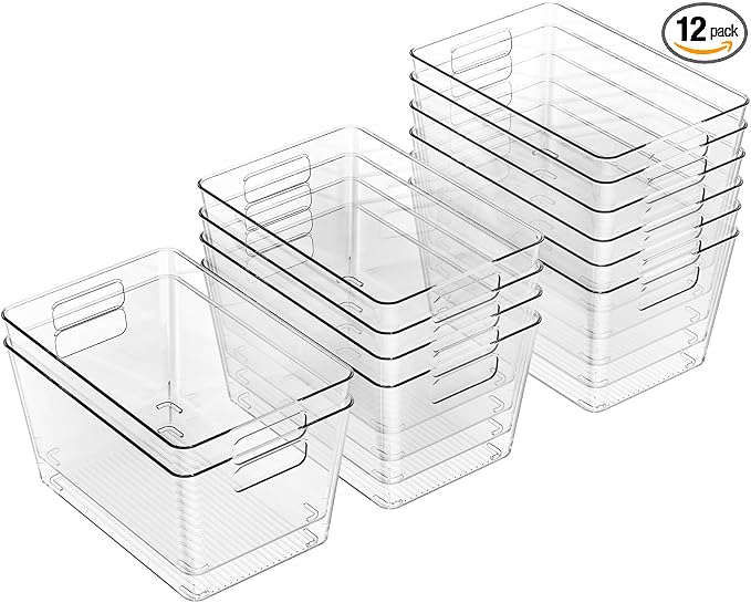12 Pack Clear Plastic Storage Bins, Plastic Containers by Faryuan