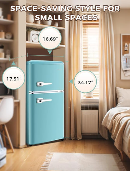 3.2 Cu.Ft Refrigerator, Retro Double Door Fridge - Image 6