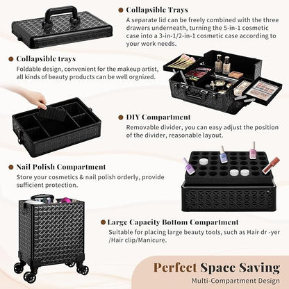 AROUS 5 in 1 Rolling Makeup Train Case Cosmetology Case on Wheels Large - Image 5