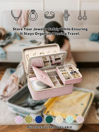 Velvet Travel Jewelry Box with Large Mirror, Double-Layer Jewelry Organizer Case - Image 8