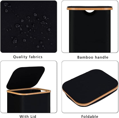 100L Laundry Hamper with Lid, Lagre Basket with Bamboo Handles, Foldable - Image 3