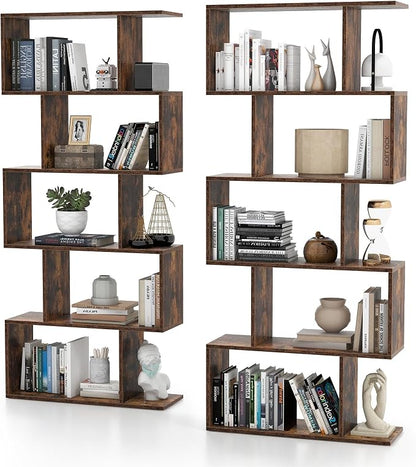 5-Tier Geometric Bookcase Set of 2, 62.5” Freestanding Room Divider Bookshelf by Unknown
