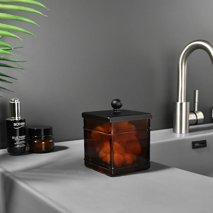 Amber Glass Cotton Jar Holder – Black Lid Elegant Bathroom Storage Canister - Image 4