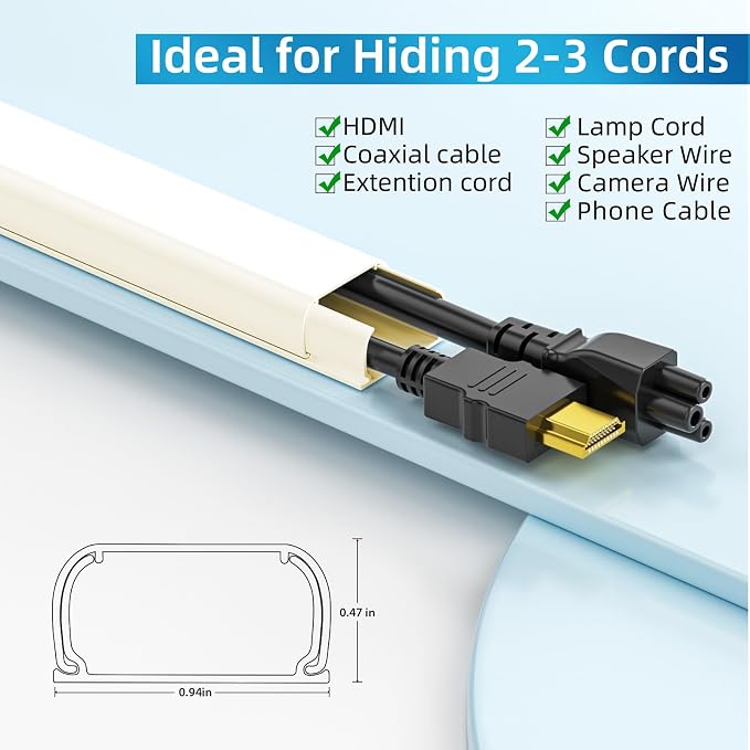 Yecaye 142in Wall Cord Hider for 2-3 Cords, On-Wall Cord Cover Channel - Image 2
