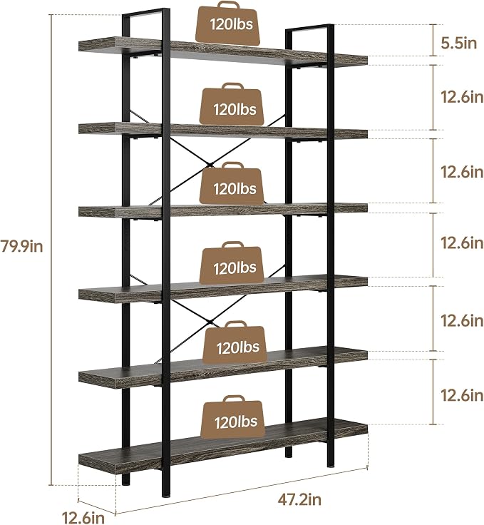 Bookshelf Set, Heavy Duty 6-Tier Industrial Bookcase, 120lbs Shelf Capacity - Image 2