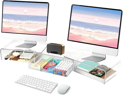 OPNICE Clear Acrylic Desk Organizers and Accessories, Dual Monitor Stand Riser by OPNICE