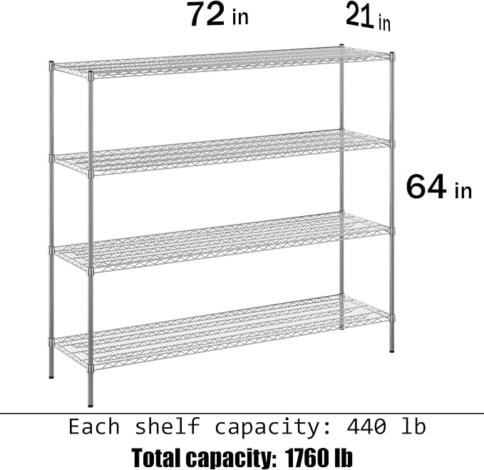 21" Deep x 72" Wide x 64" Height Wire Shelving Kit | 4-Tier | NSF Commercial - Image 3
