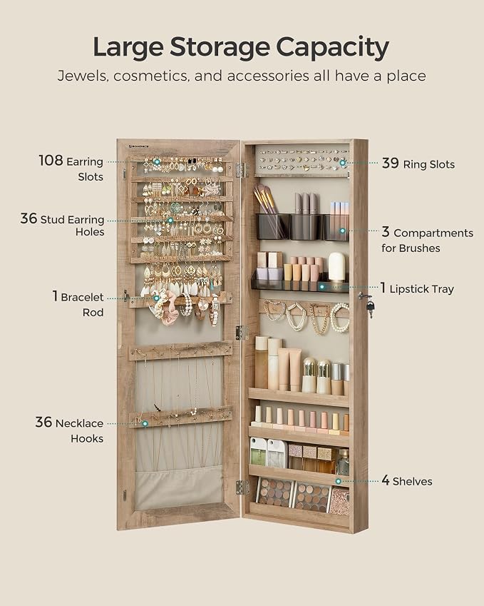 SONGMICS Mirror Jewelry Cabinet Armoire, Wall or Door Mounted Jewelry Storage - Image 3