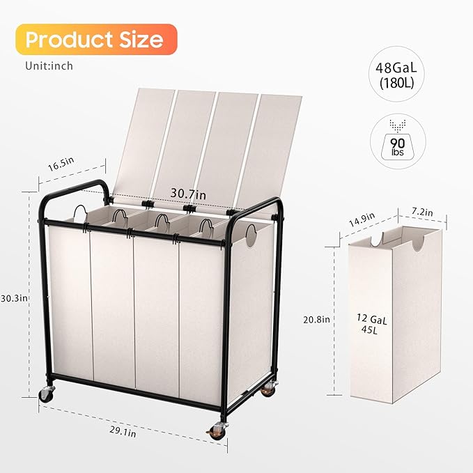 Laundry Sorter 4 Sections 48 Gal, Rolling Laundry Basket - Image 2