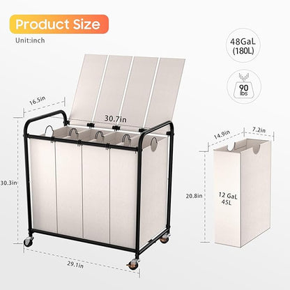 Laundry Sorter 4 Sections 48 Gal, Rolling Laundry Basket - Image 2