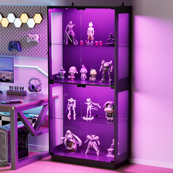Display Cabinet with Glass Doors 4 Tier Glass Display Case with RGB LED Lights by QieerHior