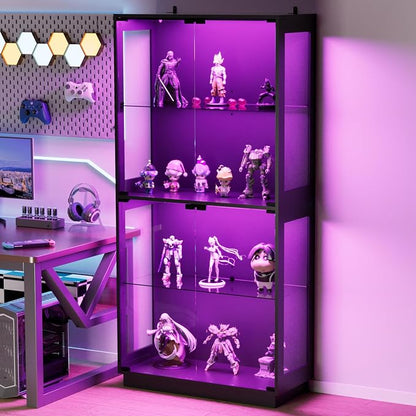 Display Cabinet with Glass Doors 4 Tier Glass Display Case with RGB LED Lights by QieerHior