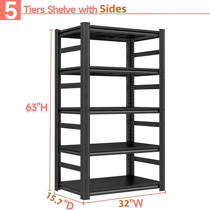 5 Tier Shelving Unit with Sides, Metal Metal Bookshelf, - Image 2