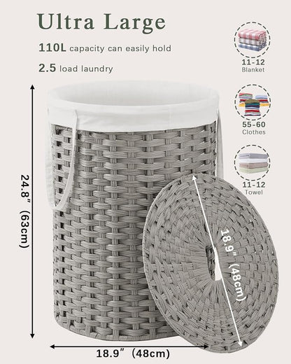 Laundry Basket with Lid Round Rattan Laundry Hamper with Lid and Handles 29.1 - Image 4