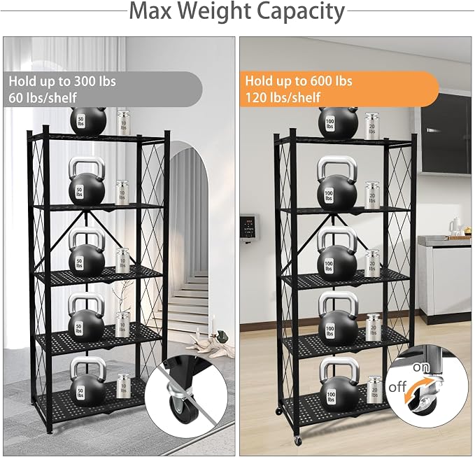 5 Tier Folding Shelf with Wheels, Metal Steel Collapsible Shelves, No Assembly - Image 5