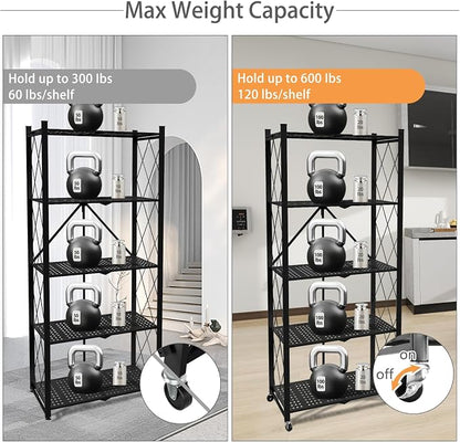 5 Tier Folding Shelf with Wheels, Metal Steel Collapsible Shelves, No Assembly - Image 5