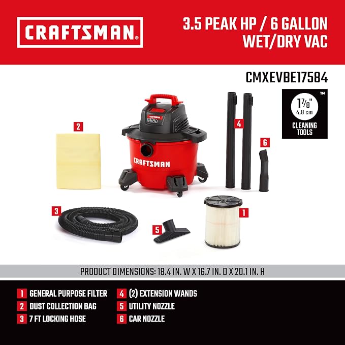 CRAFTSMAN CMXEVBE17584 6 Gallon 3.5 Peak HP Wet Dry Vac, Portable Shop Vacuum - Image 3