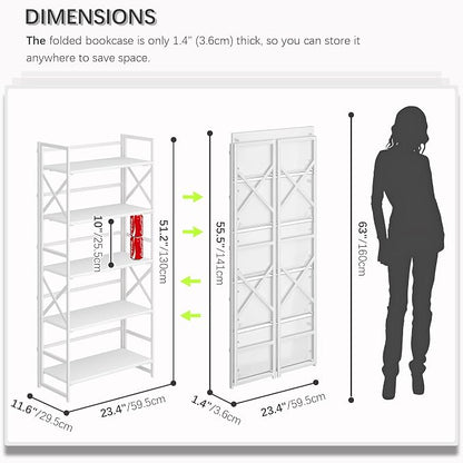 4NM 5 Tiers No Assembly Book Shelves, 51.2" H Folding Bookshelf Bookcase Open - Image 2