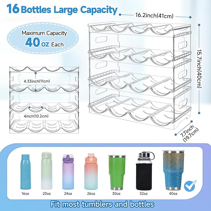 Large Compartment Water Bottle Organizer, 4 Tier Stackable Water Bottle Rack - Image 3