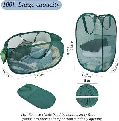 Upgraded Extra Large Mesh Pop Up Laundry Hamper 2 Pack, 100L Foldable Laundry - Image 2
