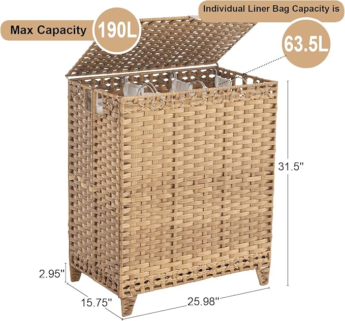 Laundry Hamper with Lid, 190L Large Laundry Basket 3 Section with 6 Removable - Image 4