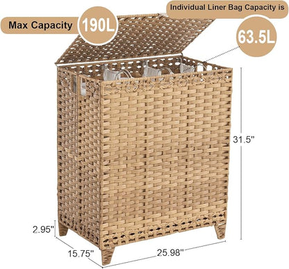 Laundry Hamper with Lid, 190L Large Laundry Basket 3 Section with 6 Removable - Image 4