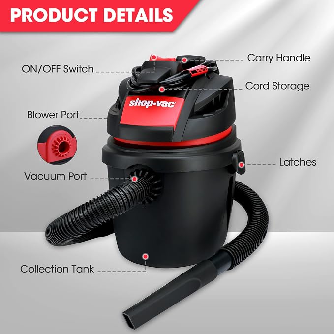 Shop-Vac 2.5 Gallon 2.5 Peak HP Wet/Dry Vacuum, Portable Compact Shop Vacuum - Image 3