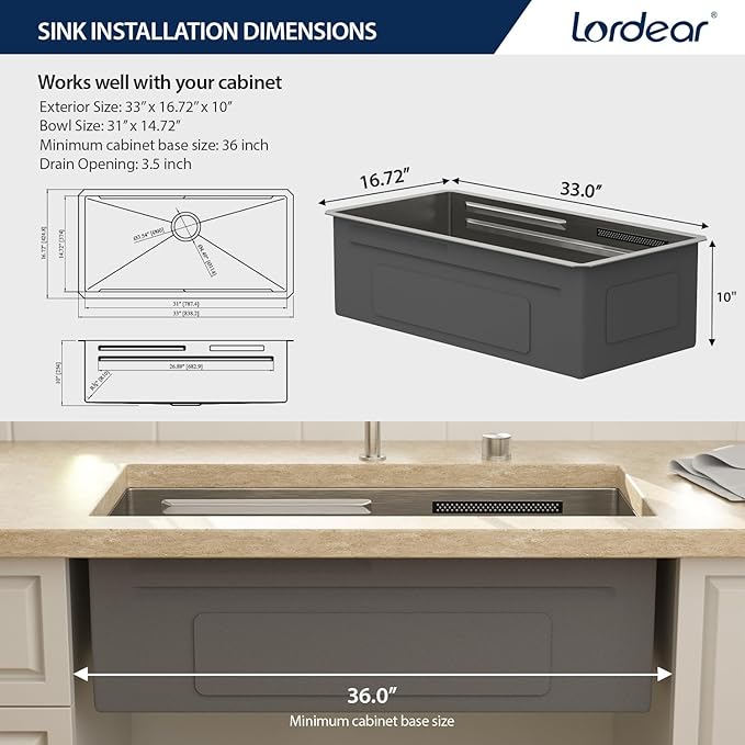 Lordear 33" Undermount Waterfall kitchen Sink - Image 6