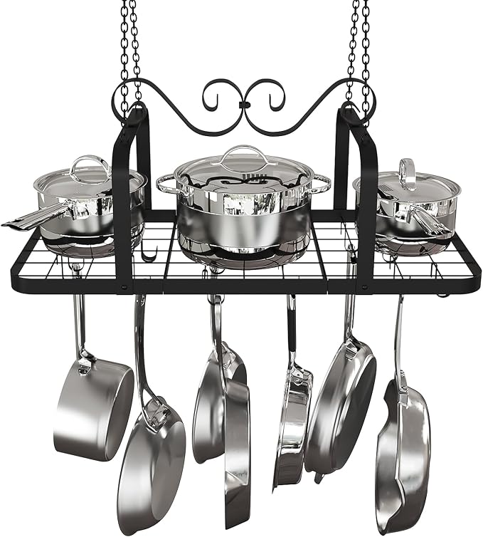 33” Black Pot Rack Hanging, Heavy Duty Metal Ceiling Pot Rack by TICKCACY-EnrichYourLife