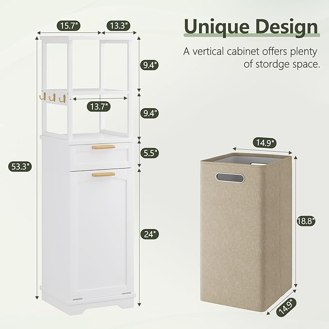 VECELO 53" Tilt Out Laundry Hamper, Tall Bathroom Cabinet - Image 2